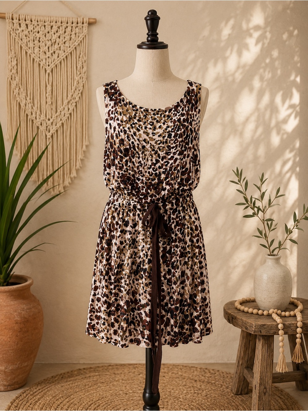Mango Beige Brown Leopard Print Sleeveless Dress